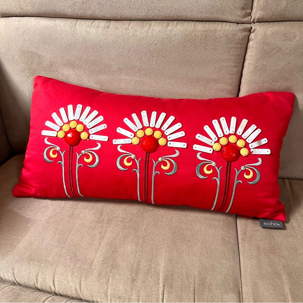 Echo Jaipur Red Floral Boho Embroidered Abalone Shell Bead Pillow Zipper 17"